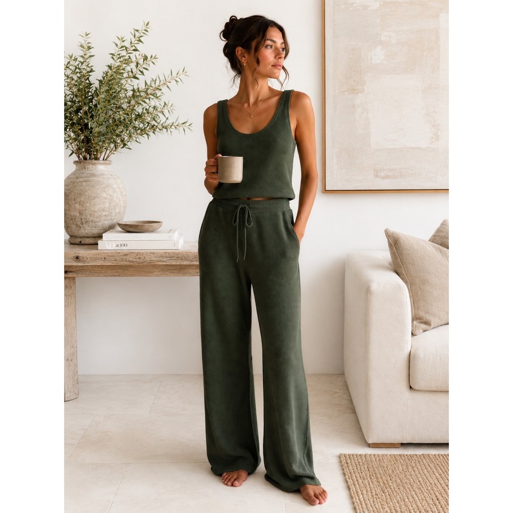 Revolve Stitches + Stripes Lounge Set Womens M/S Green Waffle Knit Tank Wide Leg
